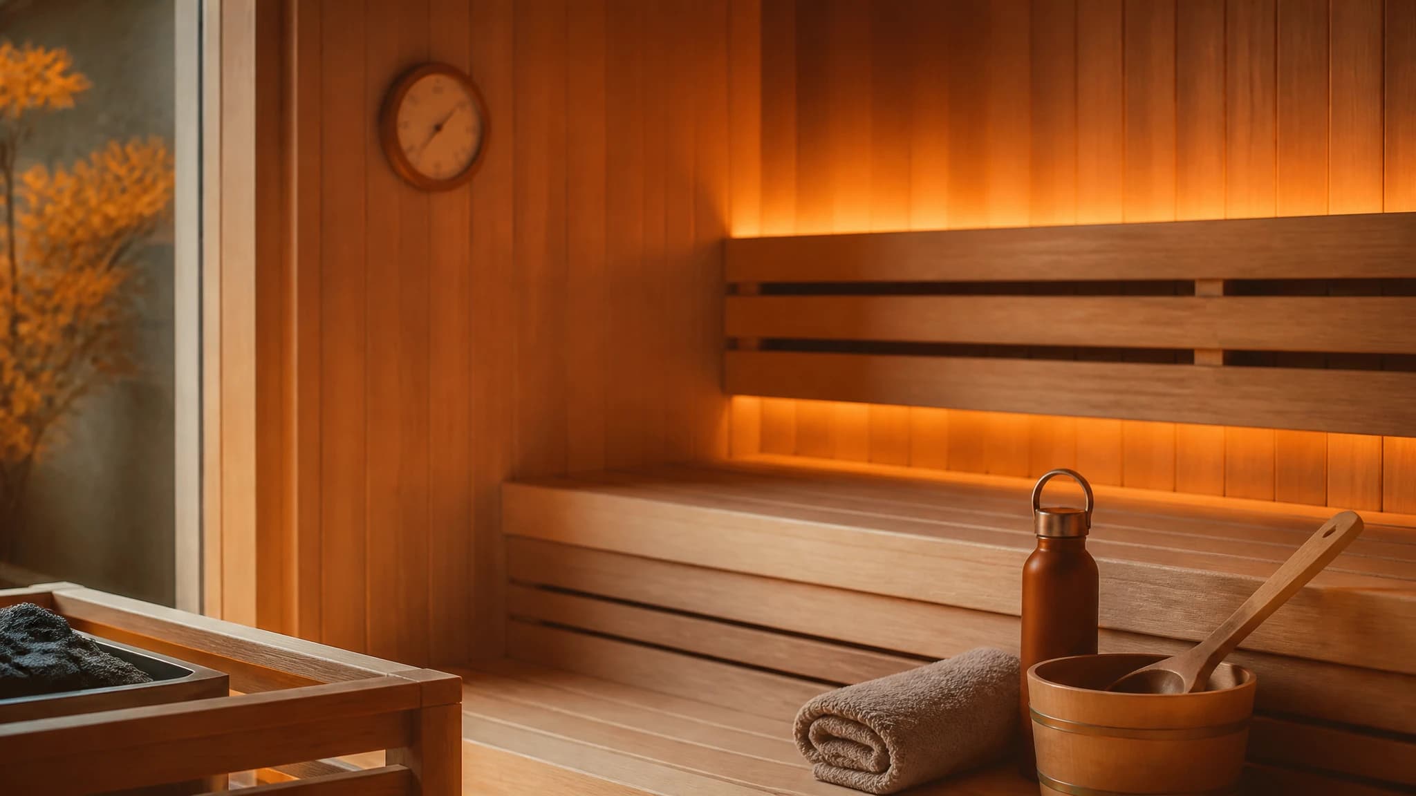 Warm modern sauna interior with a thermometer, towel, and water bottle