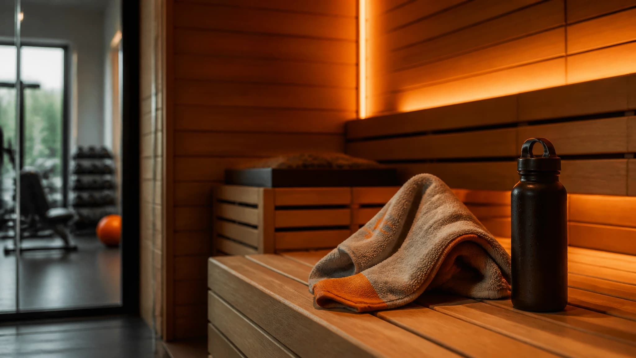 Warm modern sauna interior with a towel and water bottle after a workout