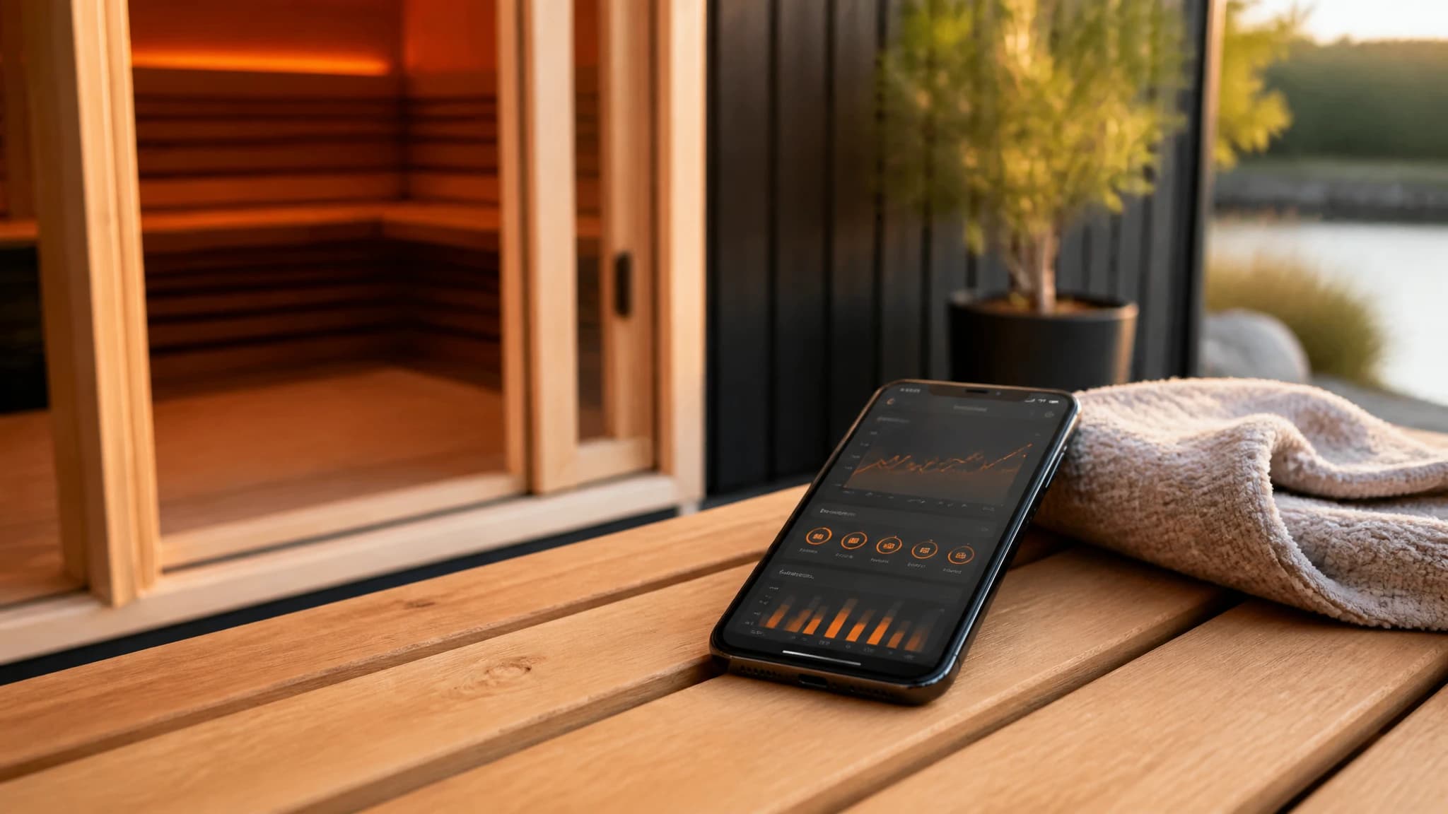 Smartphone displaying a sauna tracking app resting on a wooden sauna bench