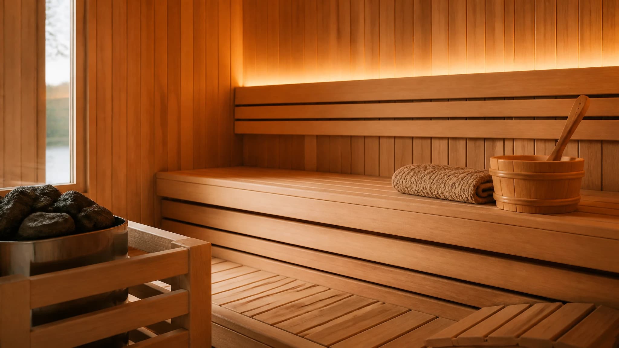 Peaceful interior of a traditional dry sauna