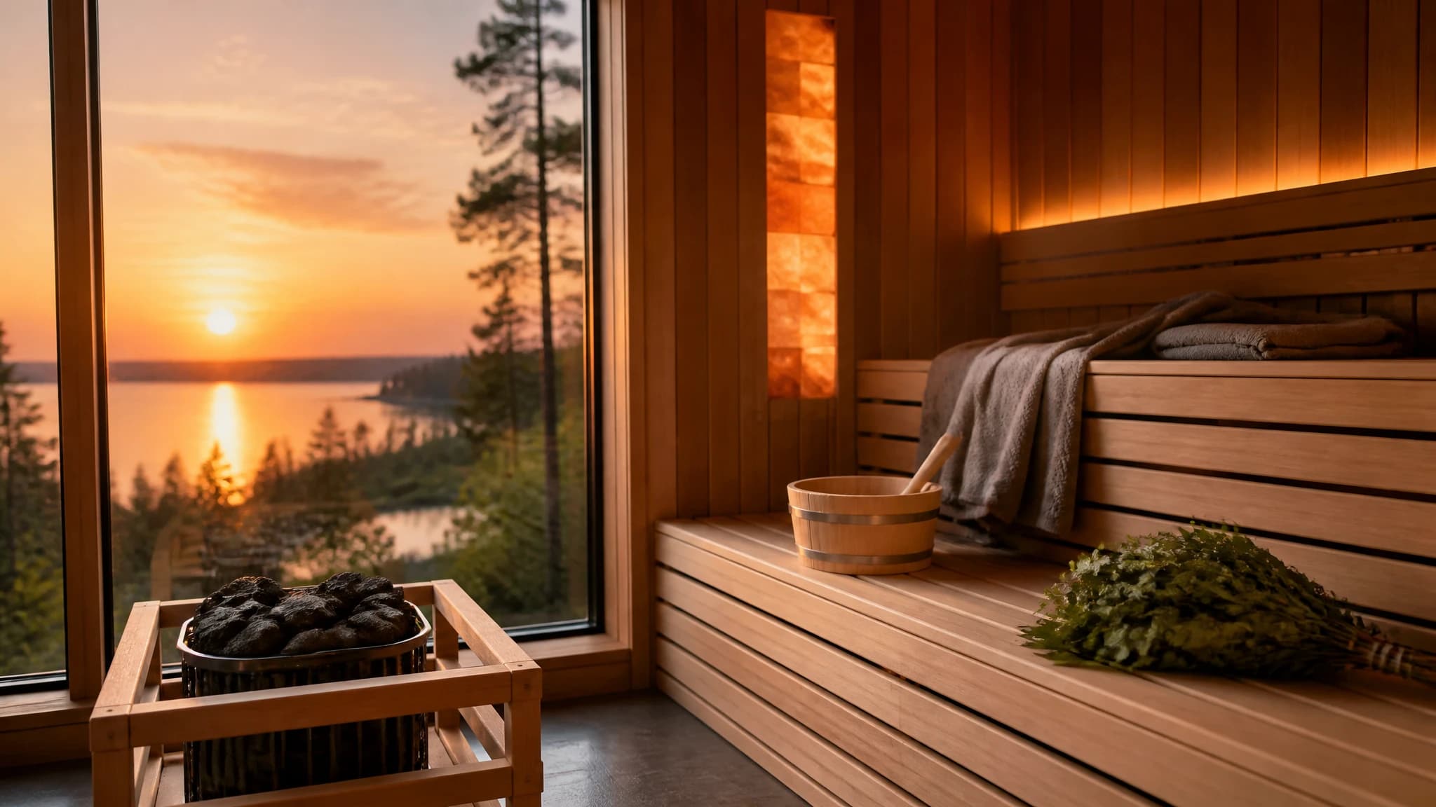 A brightly lit wooden sauna interior ready for a morning session