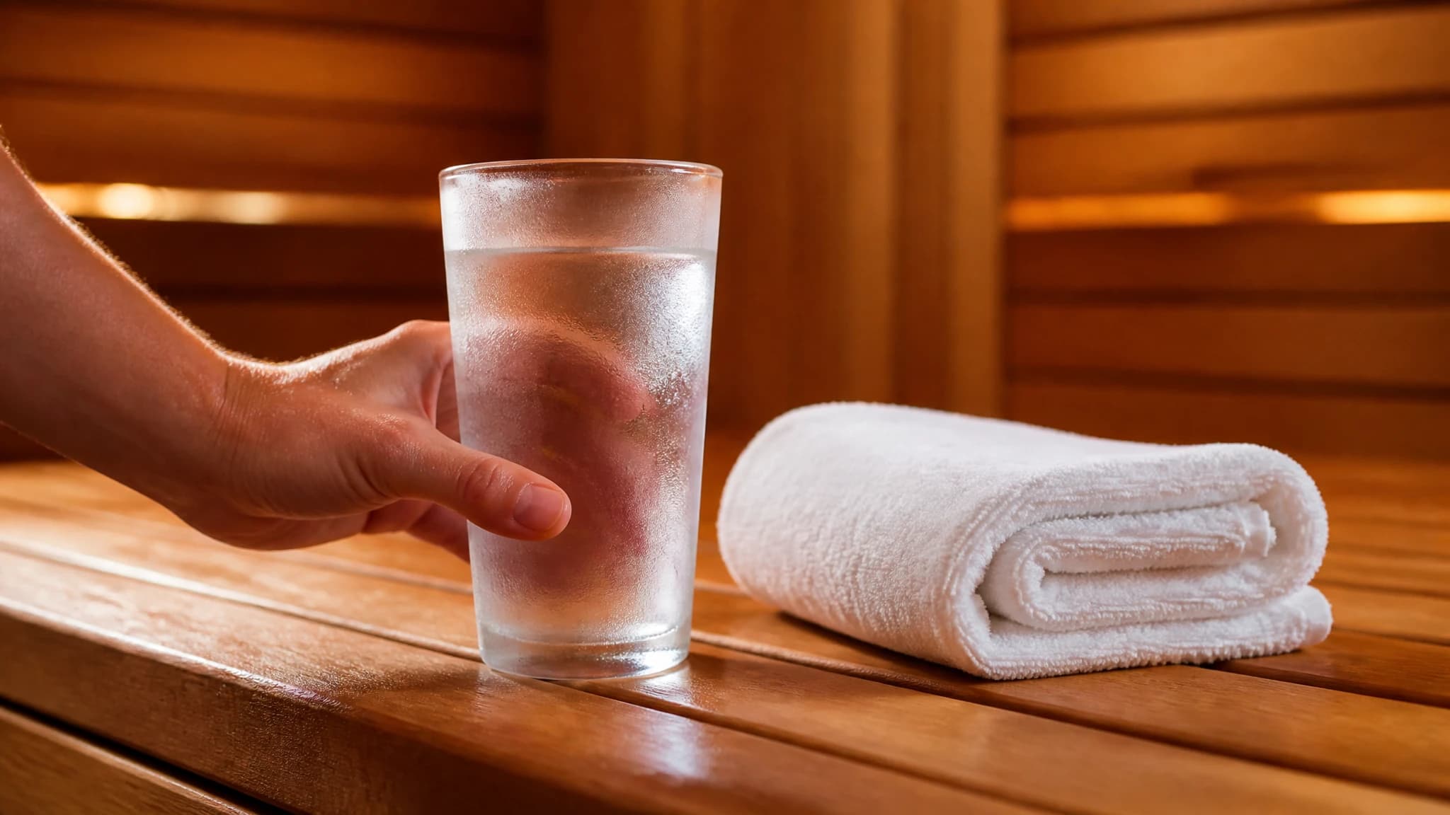 Glass of water and a white towel on a wooden sauna bench