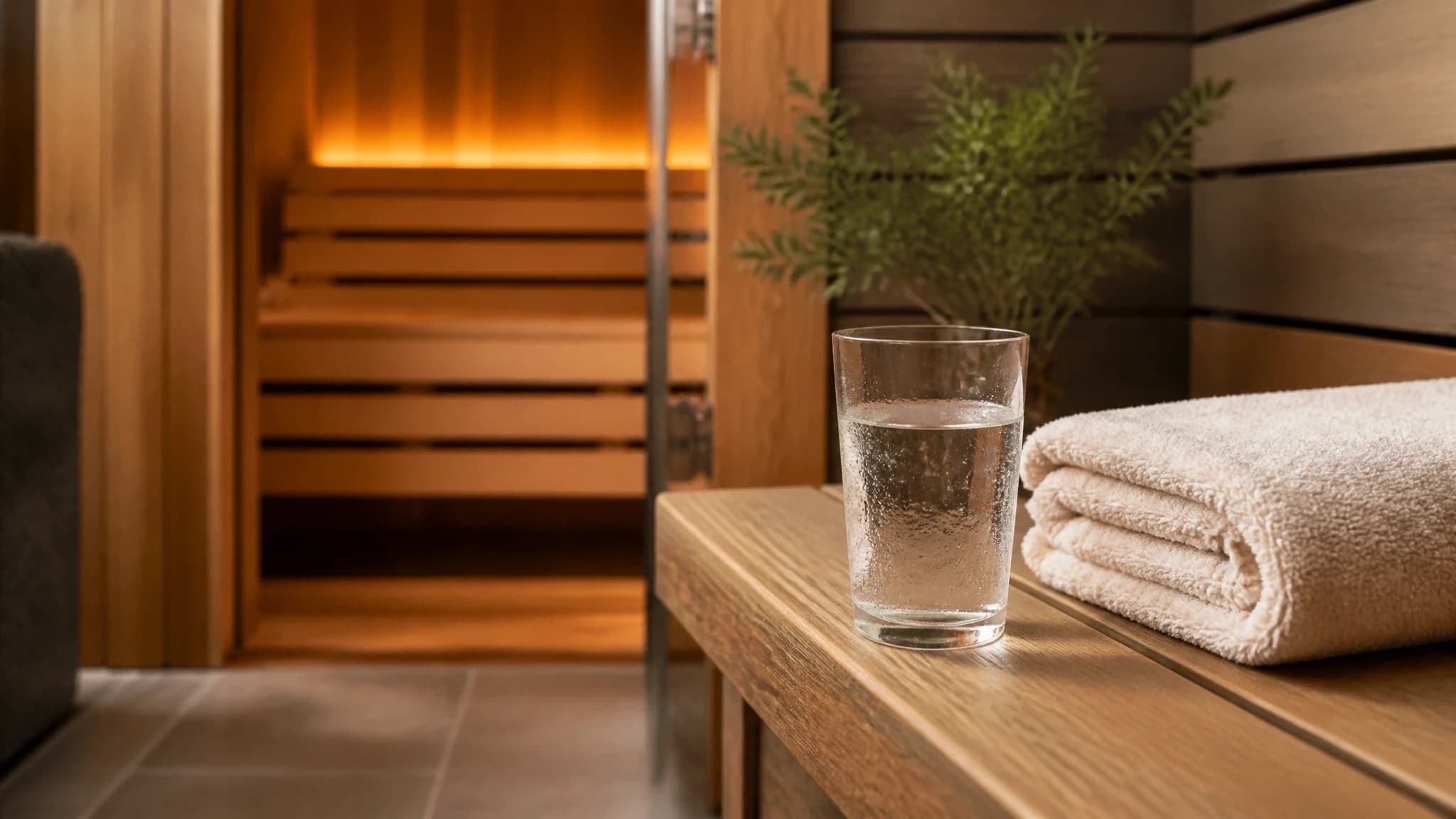 Glass of water and towel on a bench for post-sauna cool-down