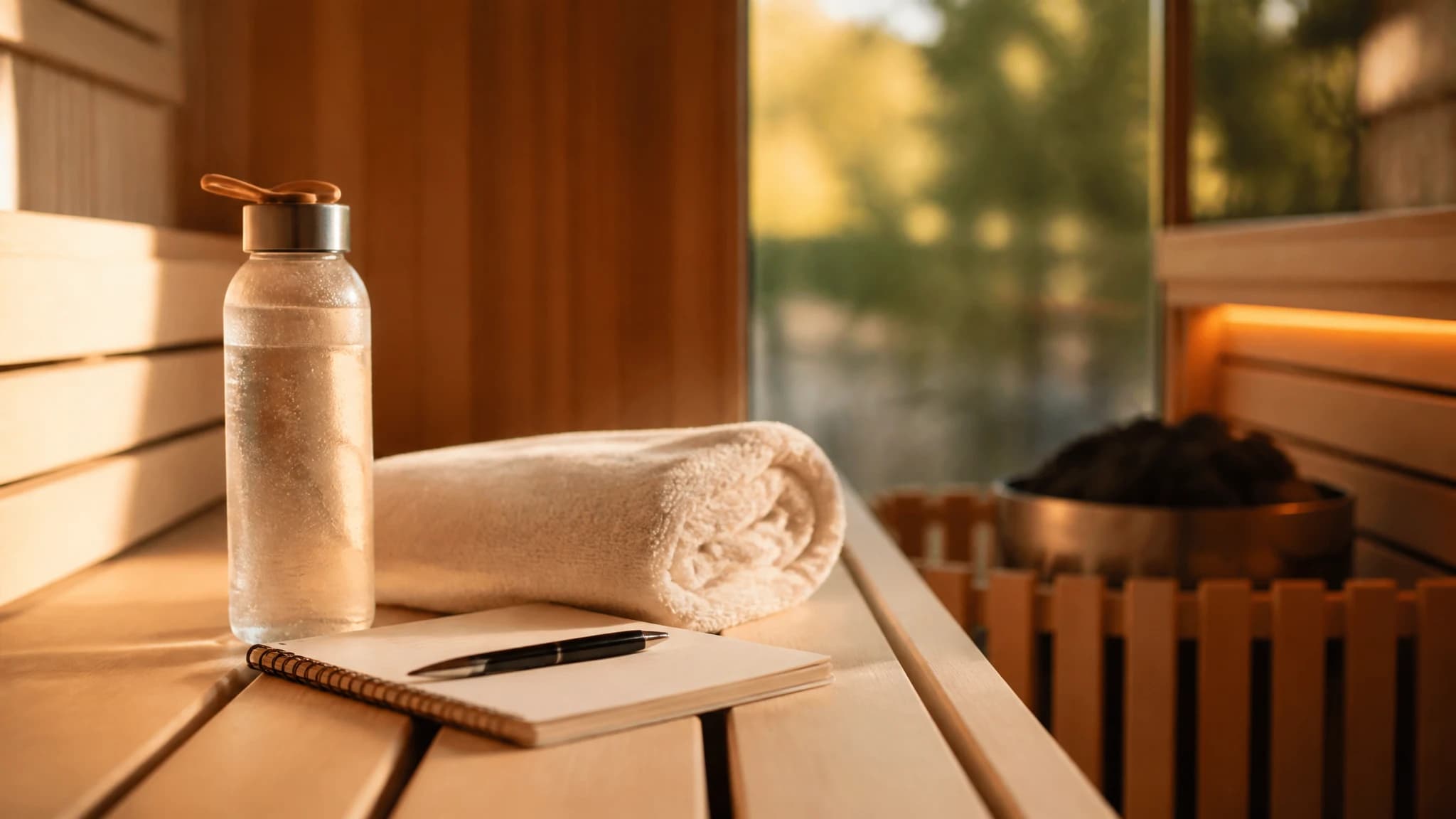 Water bottle, towel, and notebook beside a sauna bench