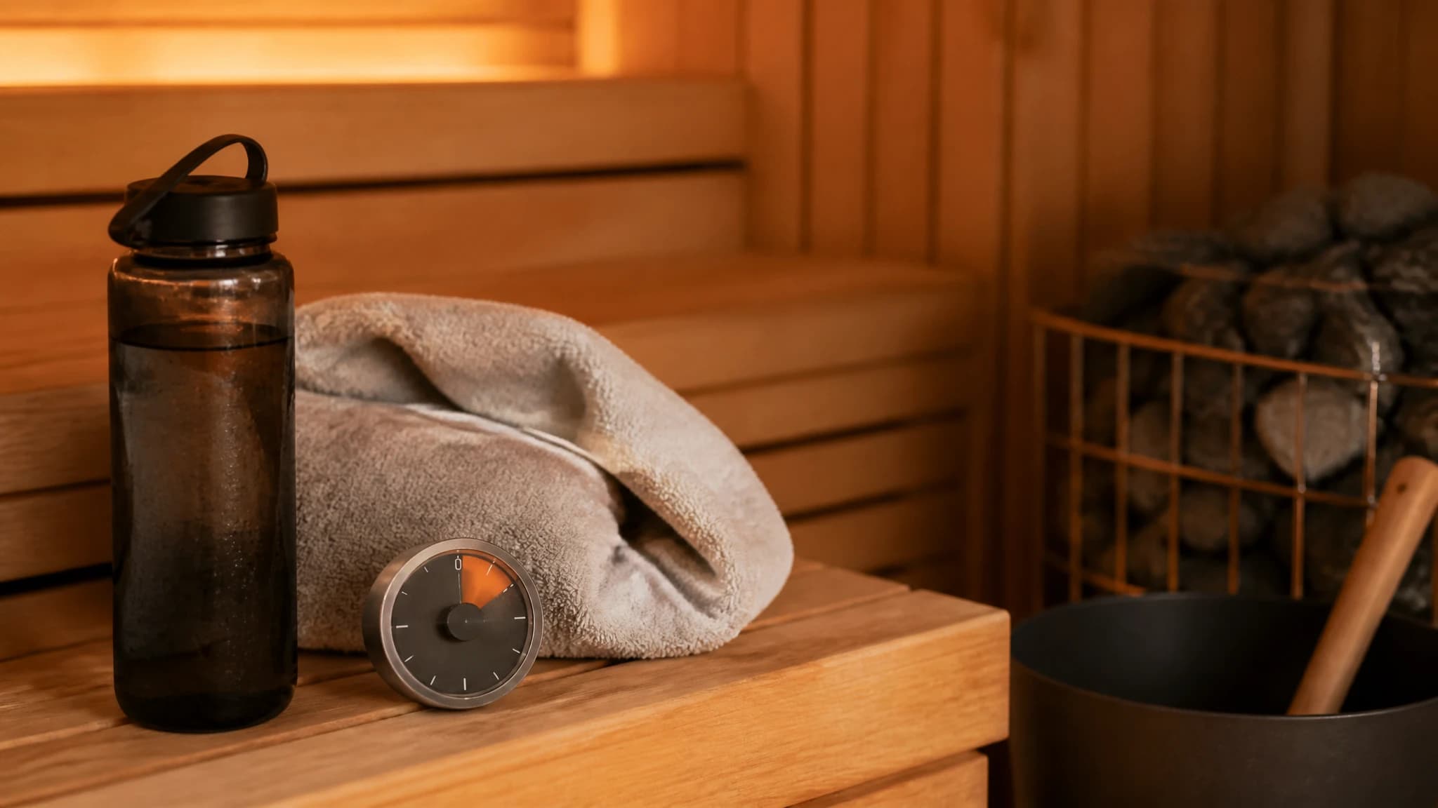 Water bottle and timer prepared for a post-workout sauna session