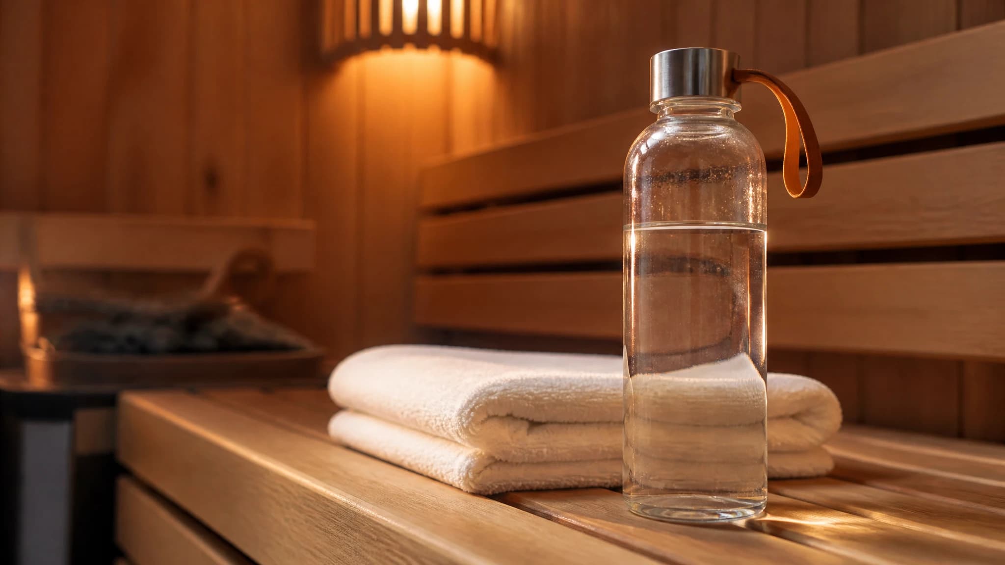Glass water bottle on a wooden sauna bench