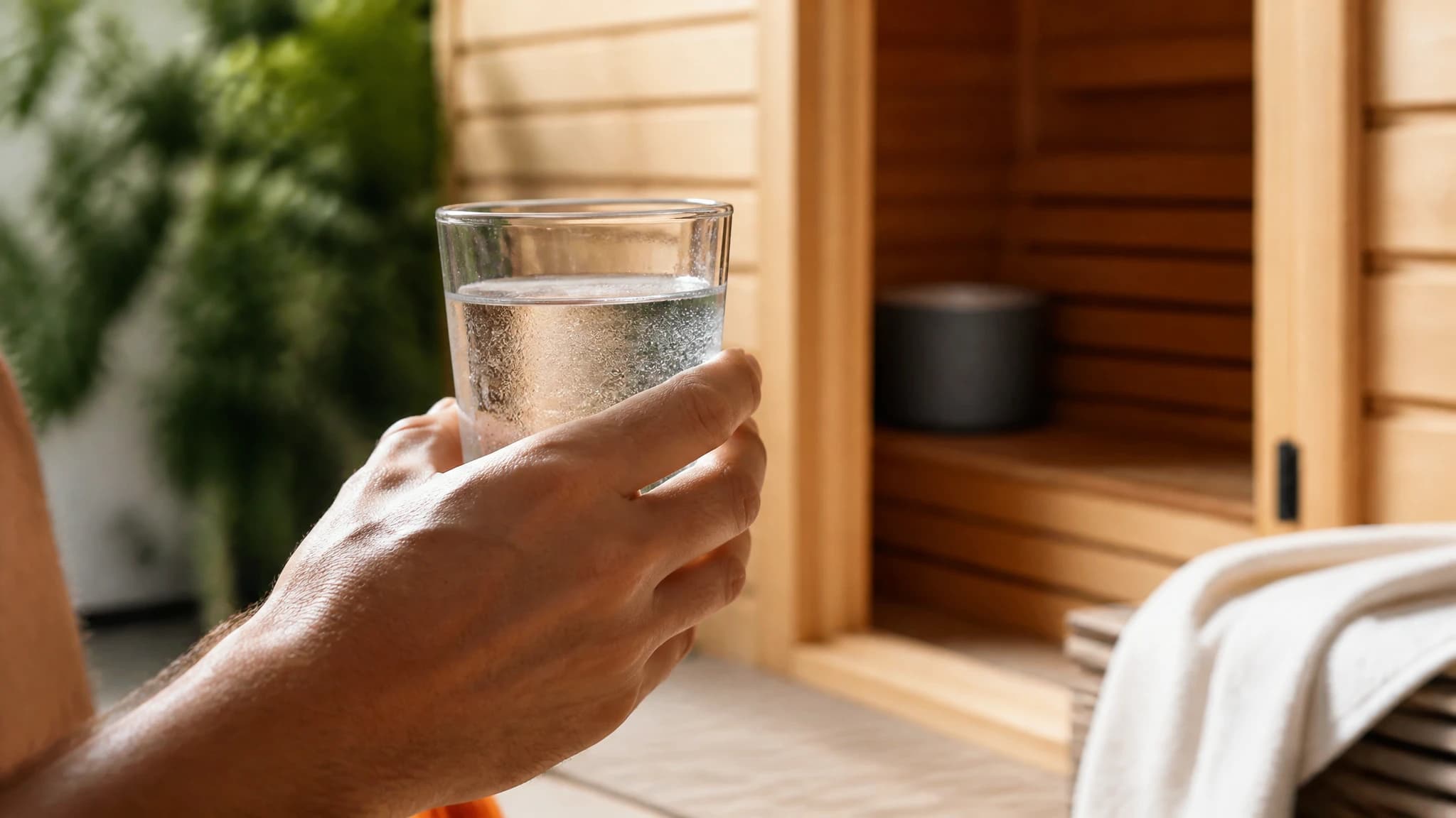 A hand holding a glass of water outside a sauna