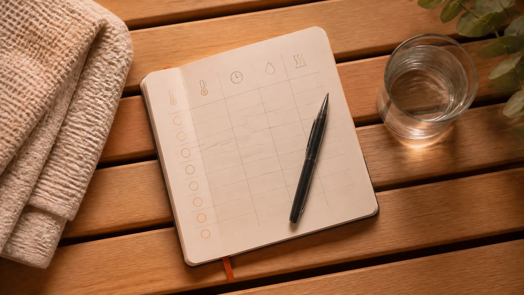 Notebook and water used for tracking a sauna routine