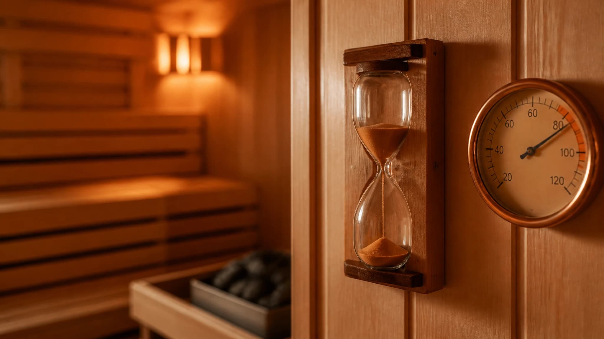 Traditional wooden sauna interior with an hourglass timer and thermometer