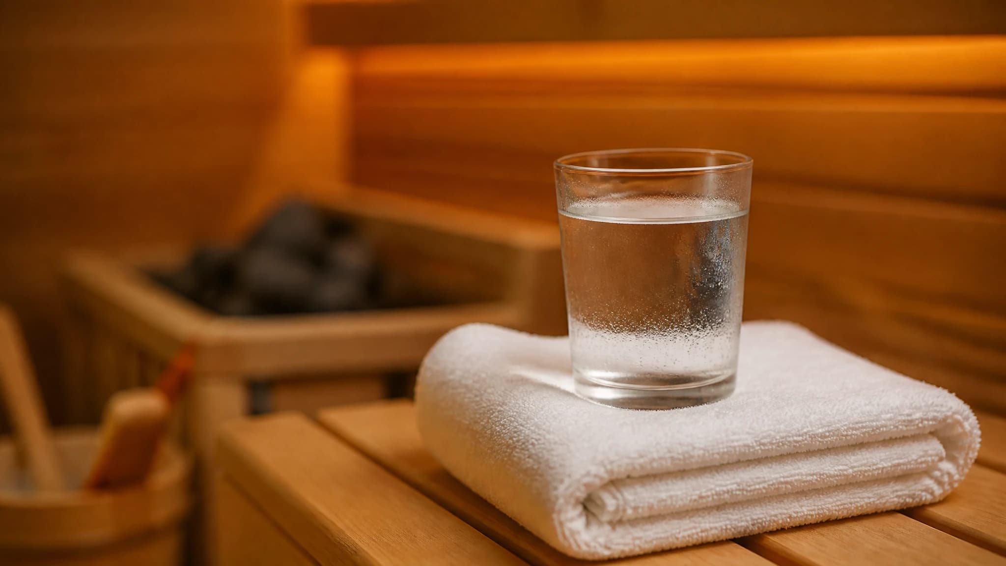 Glass of water and a towel on a wooden bench