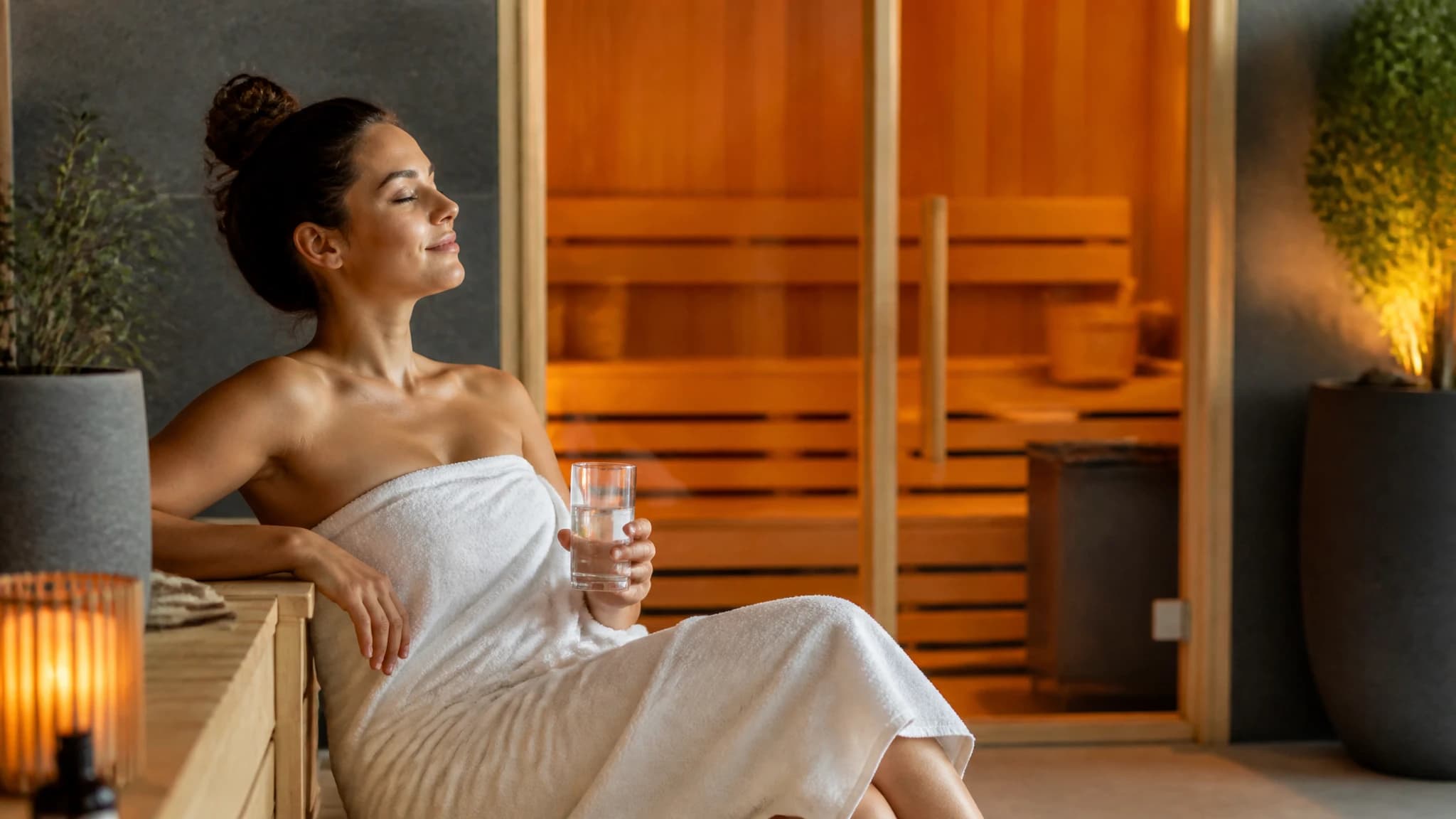 A relaxed individual wrapped in a towel resting and hydrating between sauna sessions.