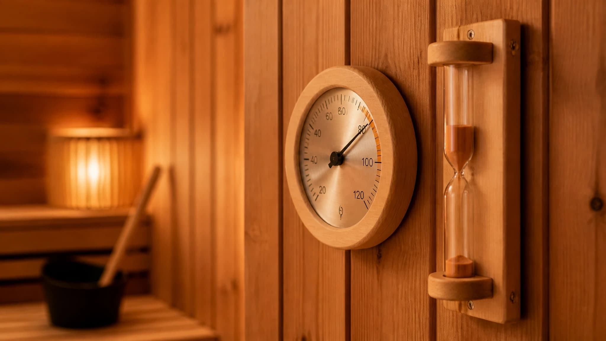 Sauna thermometer and sand timer on a wooden wall