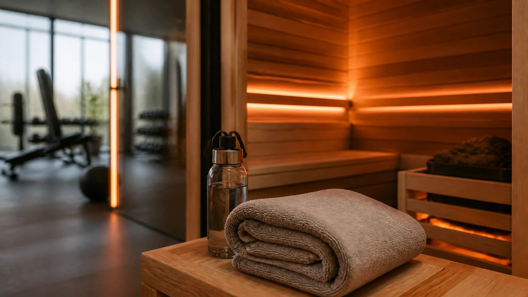 A water bottle and towel beside a warm wood sauna after a gym workout