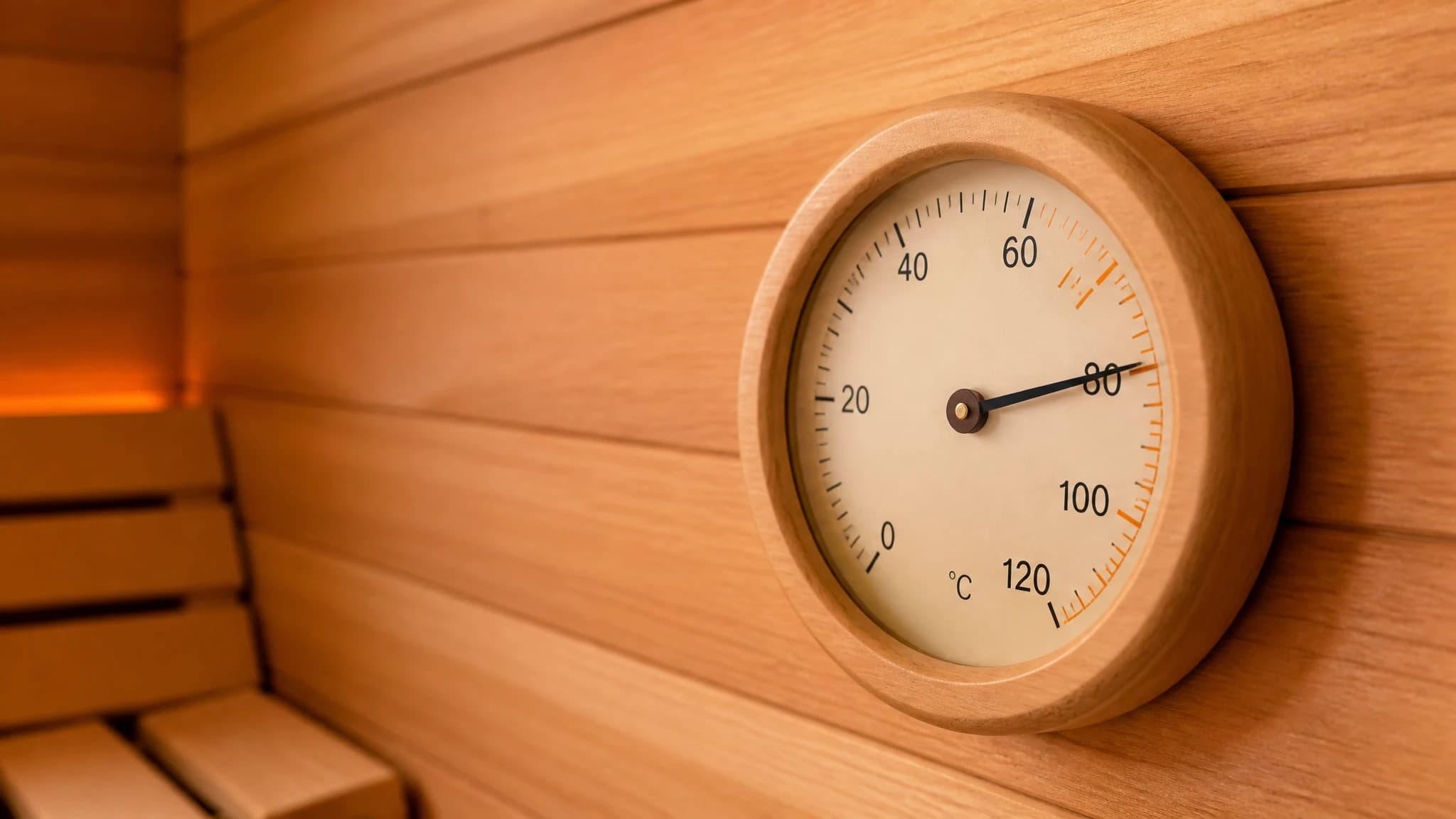 Close-up of a wooden sauna thermometer on a cedar wall