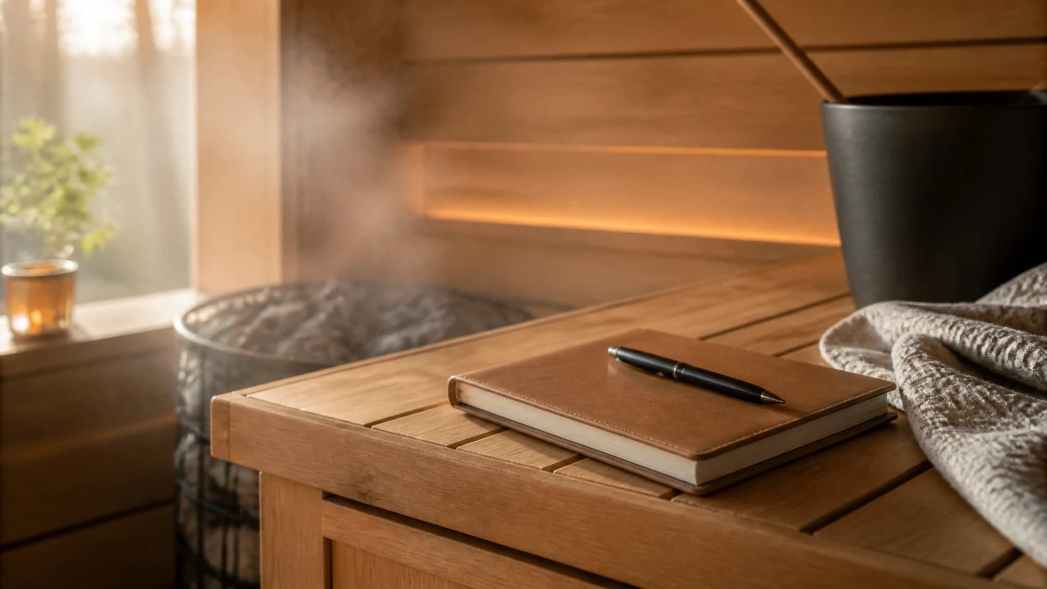 Journal and pen resting on a wooden sauna bench