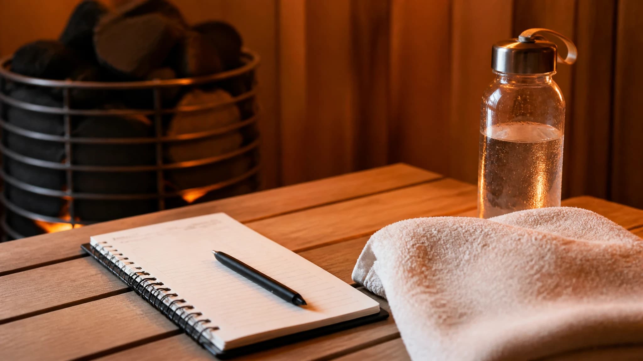 Sauna session log beside a towel and water bottle
