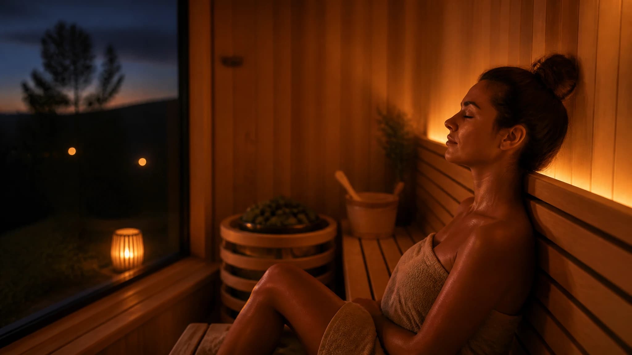 A relaxing wooden sauna interior softly illuminated in the evening