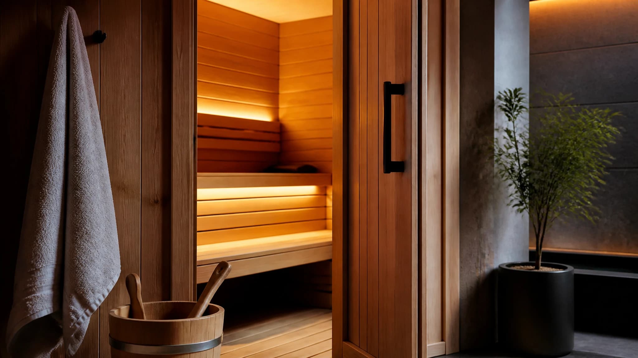 A sauna door slightly ajar with a towel and bucket, preparing for a contrast therapy session.