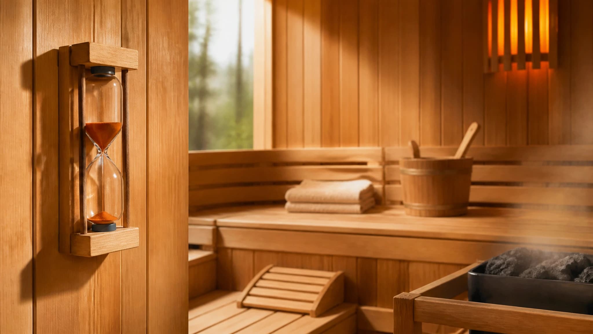 A wooden traditional sauna interior featuring an hourglass timer on the wall