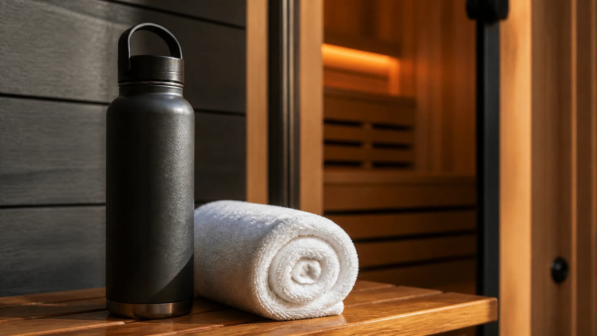 Water bottle and towel next to a sauna