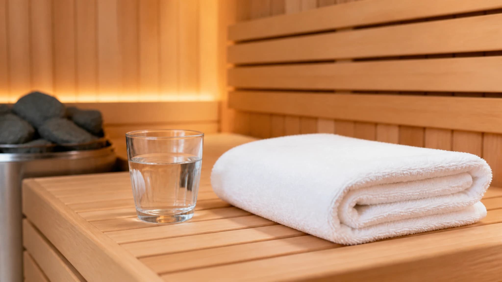 A clean white towel and a glass of water on a wooden bench