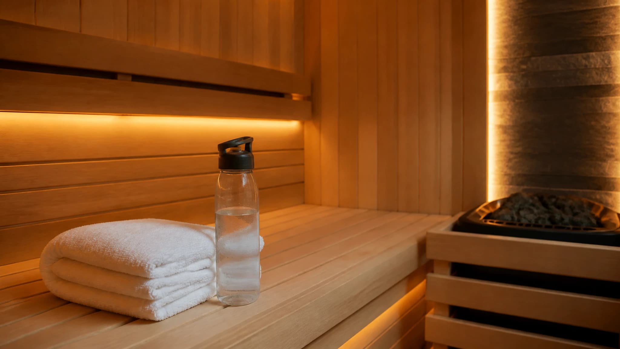 A modern wooden sauna interior with a towel and water bottle on the bench, representing workout recovery.
