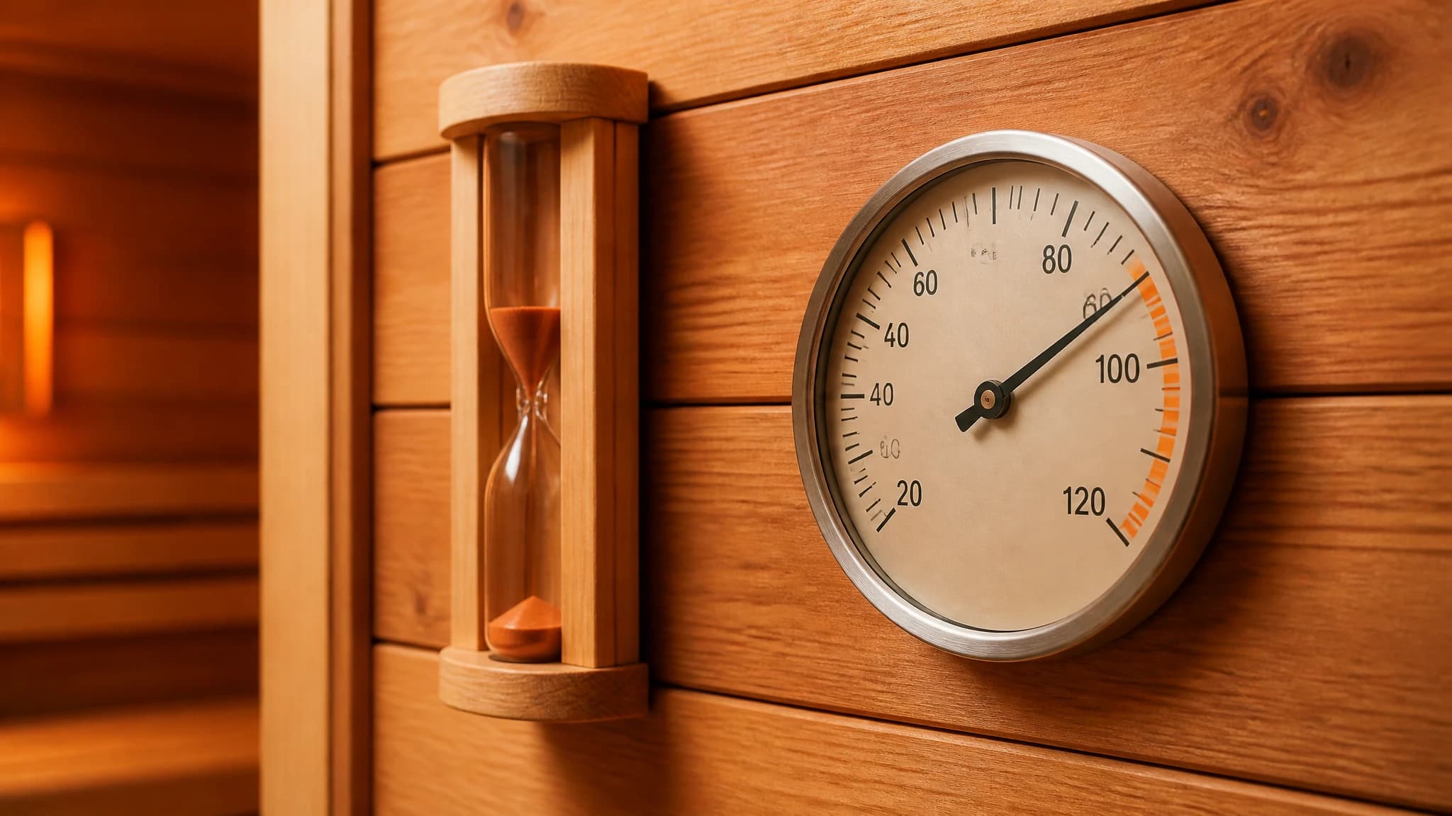 Sauna thermometer and sand timer on a wooden wall