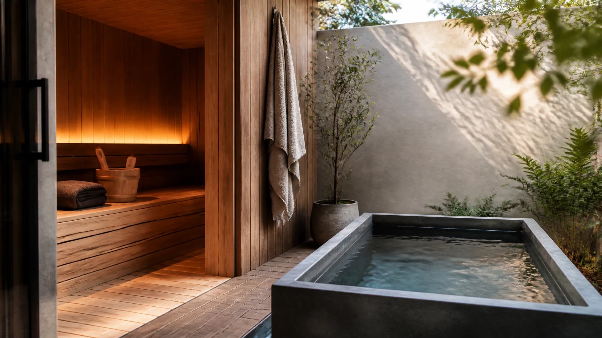 A wooden sauna and a cold plunge tub placed side by side for contrast therapy