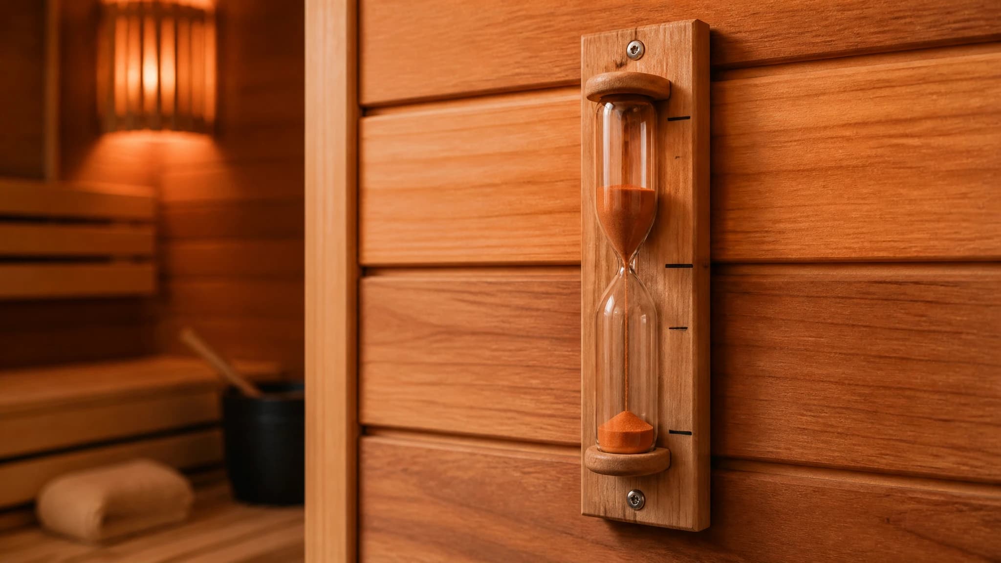 Wooden sand timer mounted in a sauna