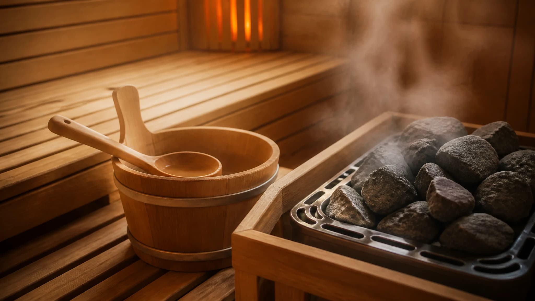 A wooden bucket, ladle, and hot stones inside a traditional Finnish sauna.