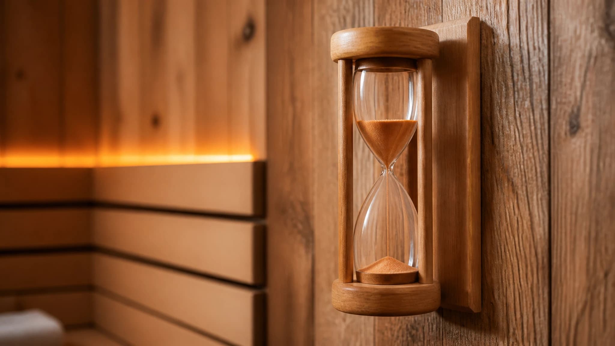 Wooden sand timer on a sauna wall tracking session duration