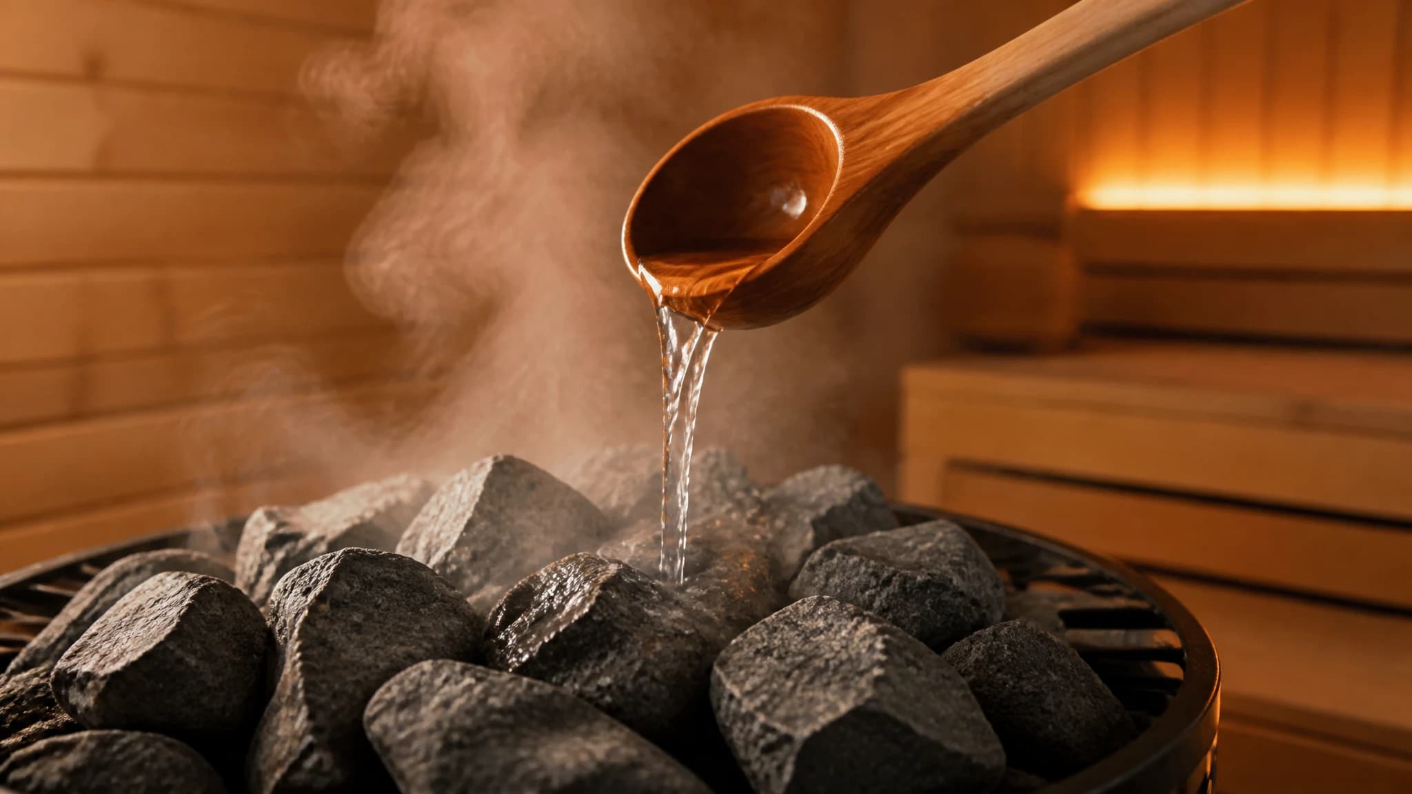 Water being poured from a wooden ladle onto hot sauna stones