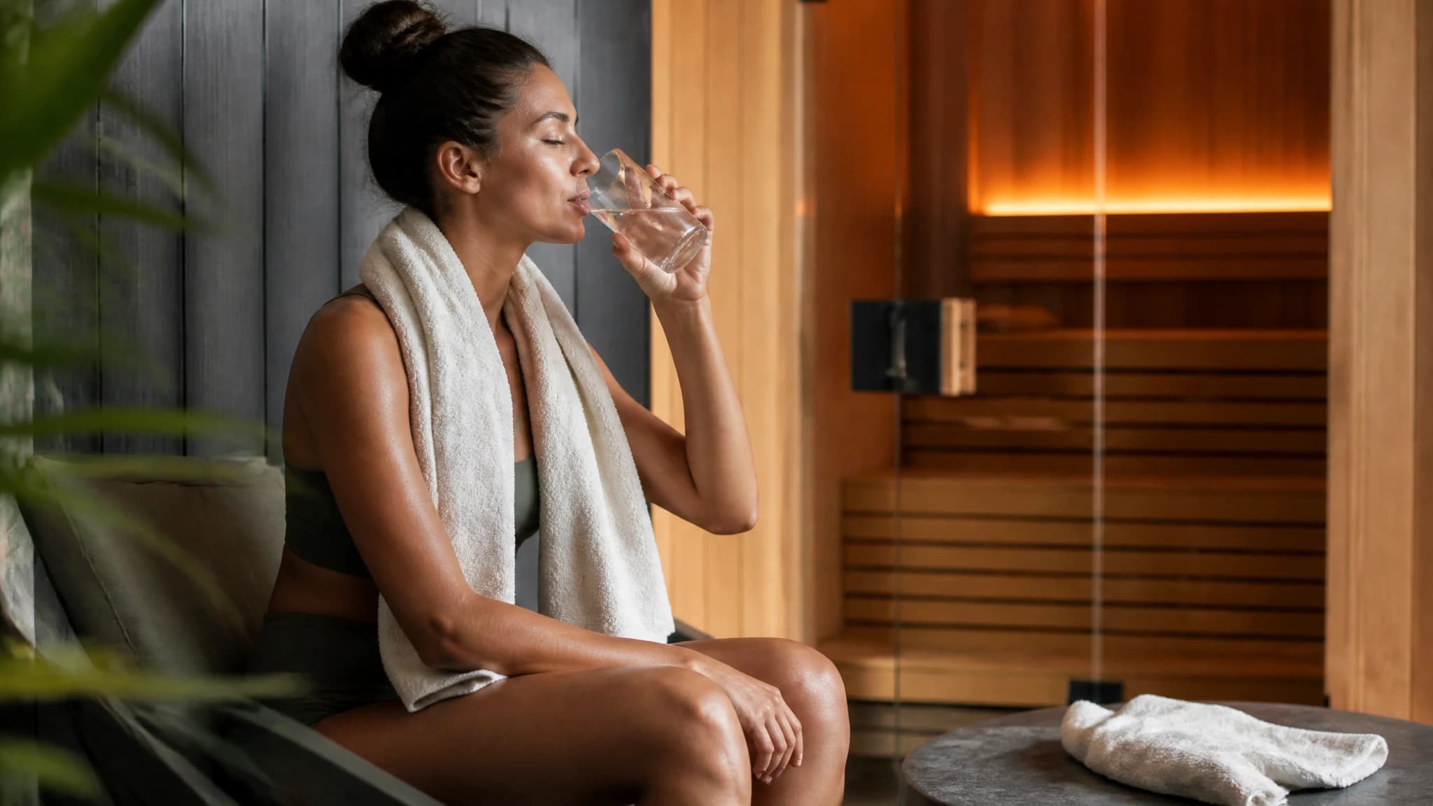 Person cooling down and drinking water after a sauna session