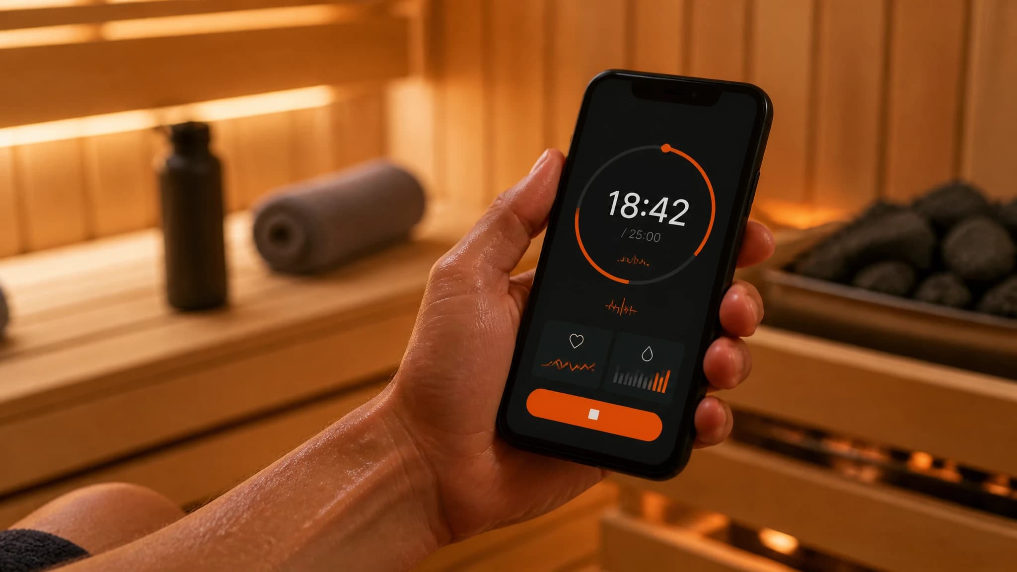 Tracking a post-workout sauna session on a smartphone app