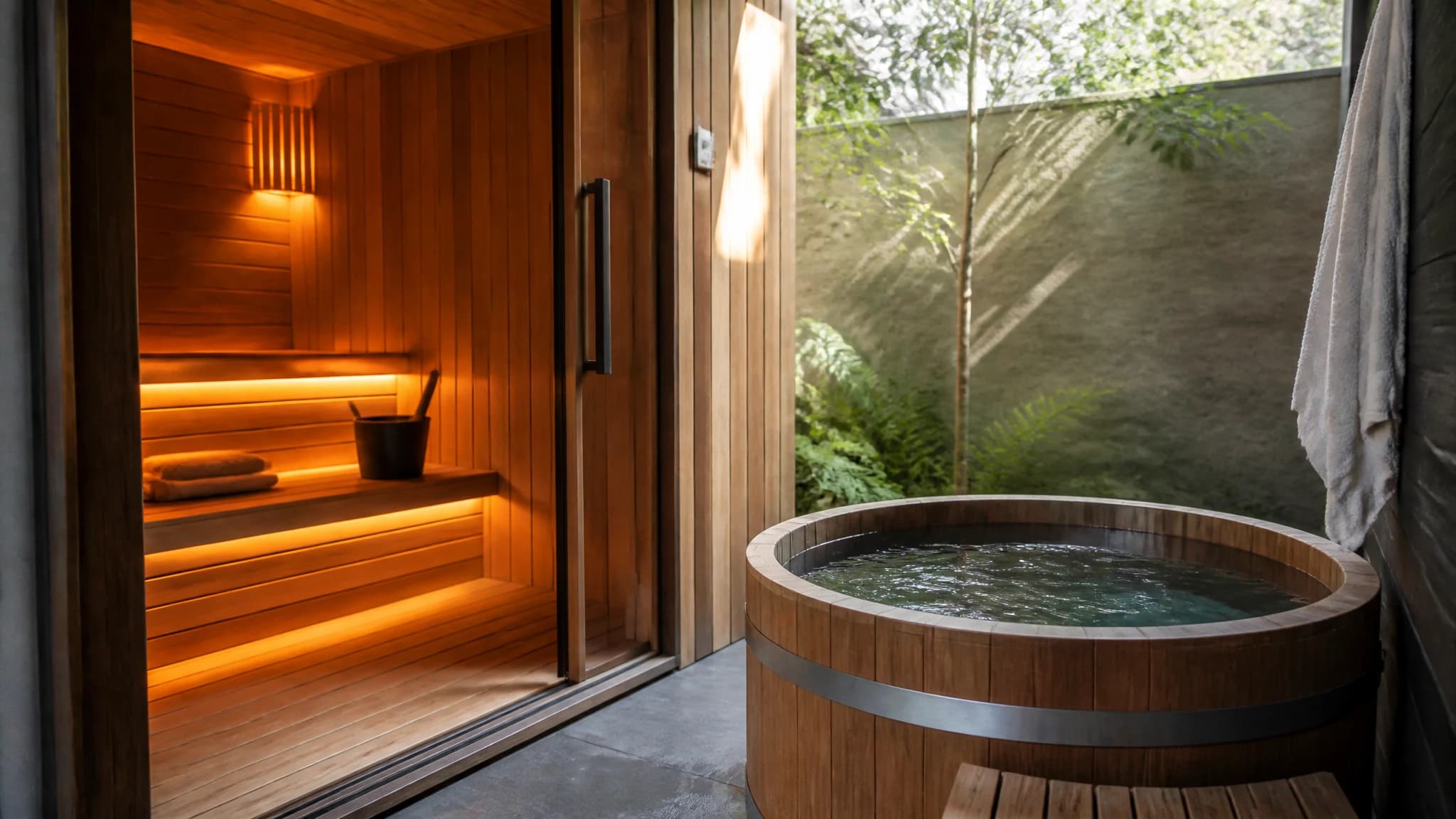 A modern sauna interior situated next to a wooden cold plunge tub, ready for a contrast therapy routine.