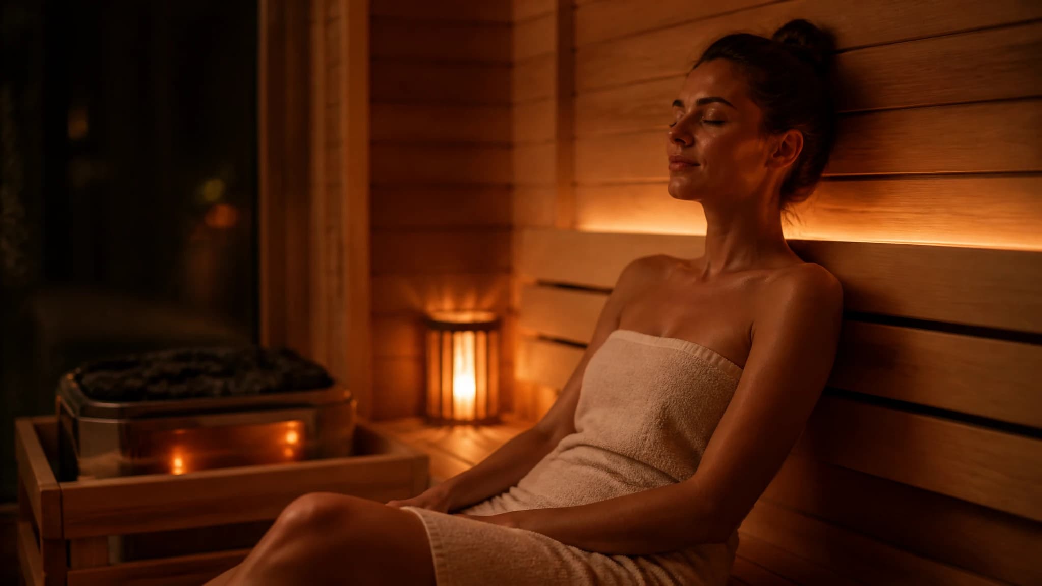 Warm ambient lighting inside an evening sauna