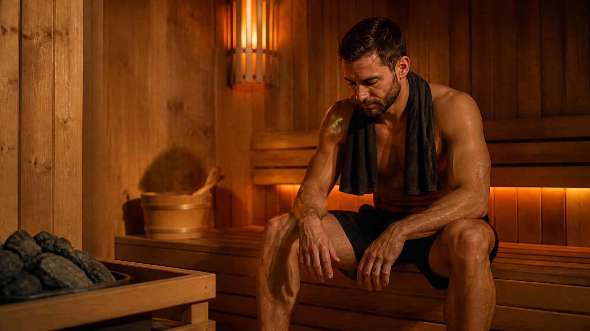 Person relaxing in a sauna after a workout
