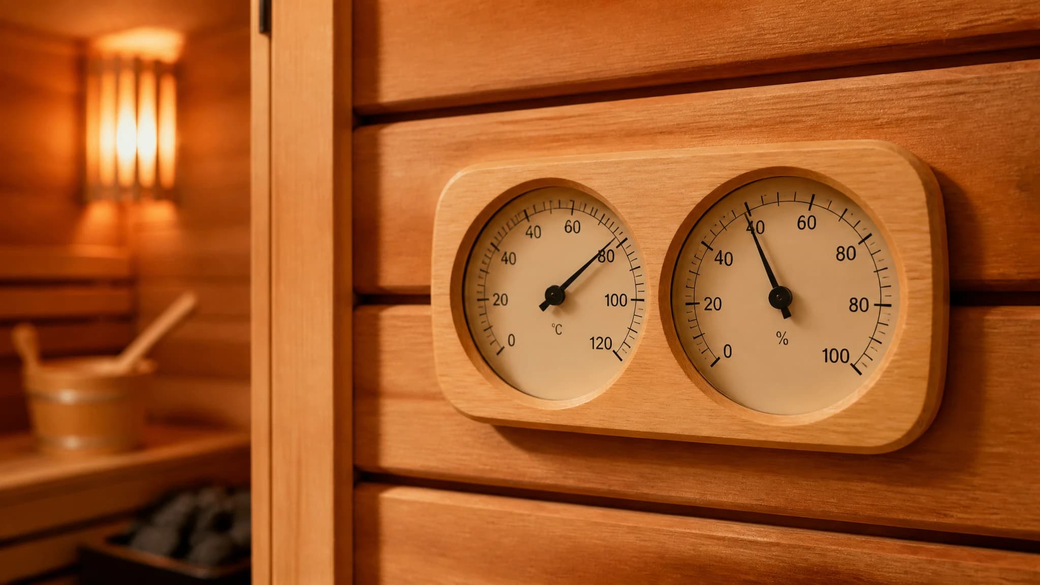 A wooden sauna thermometer displaying temperature and humidity readings.