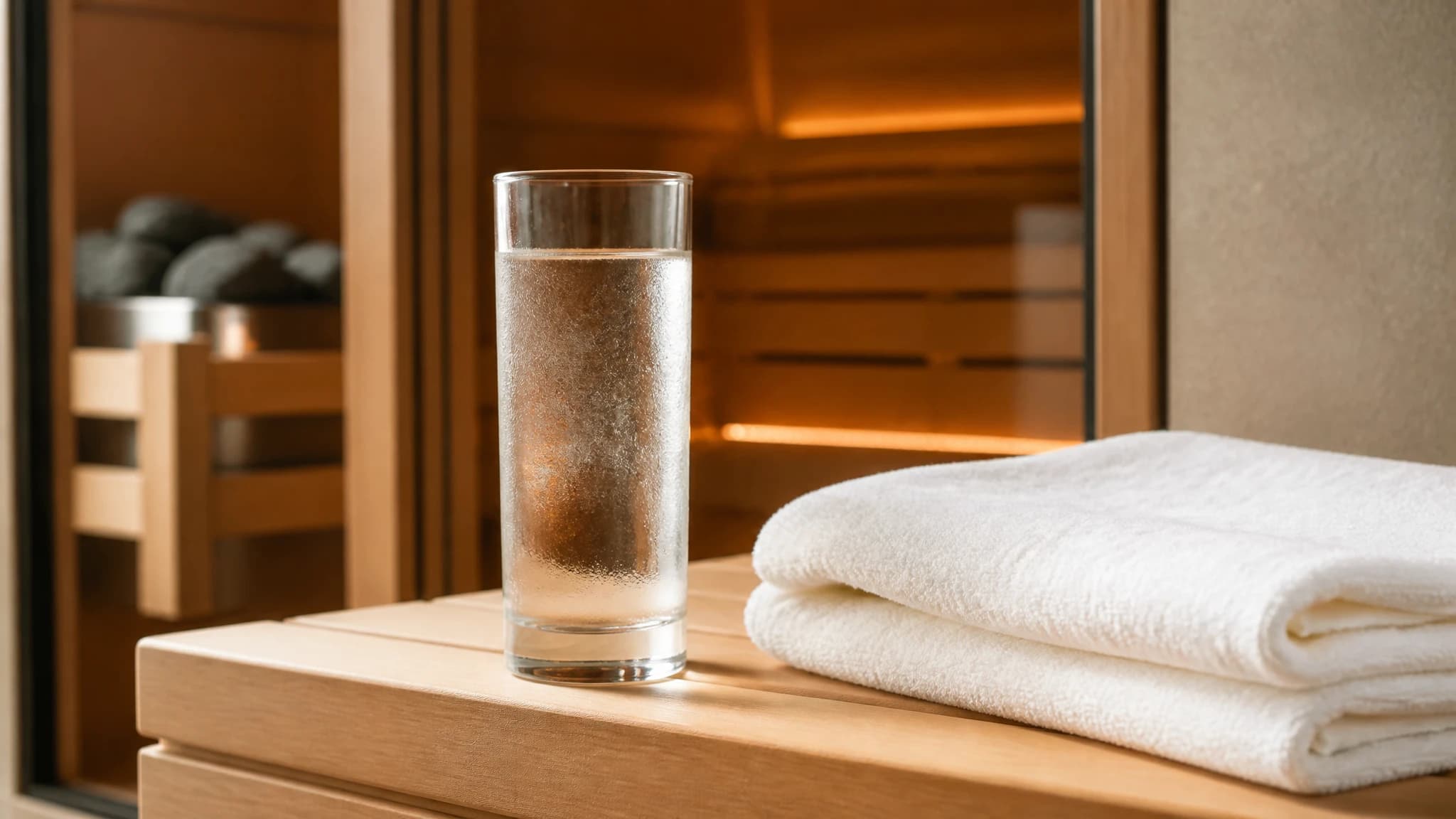 Glass of water and a towel on a wooden bench