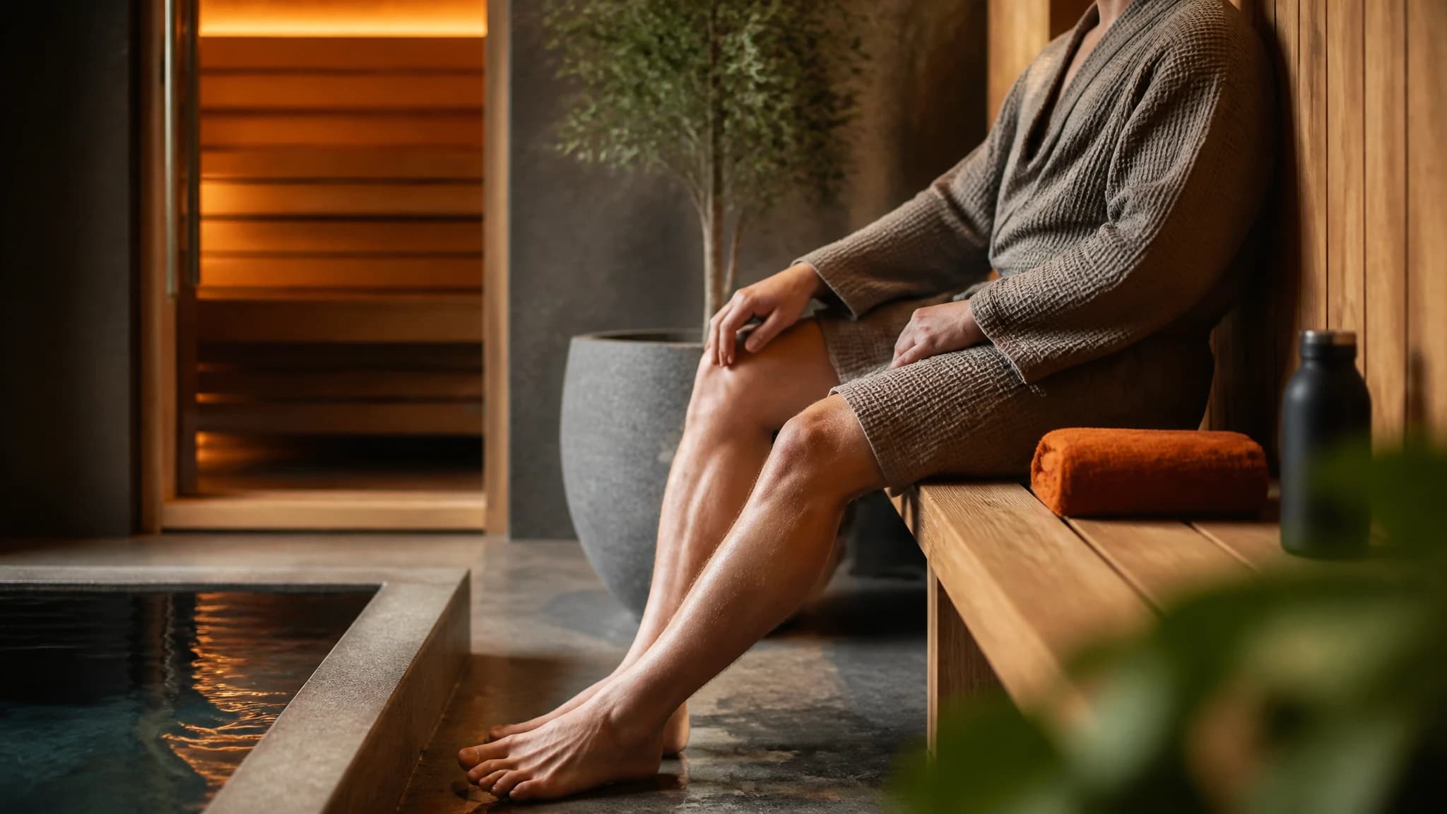Person resting and hydrating after a sauna session