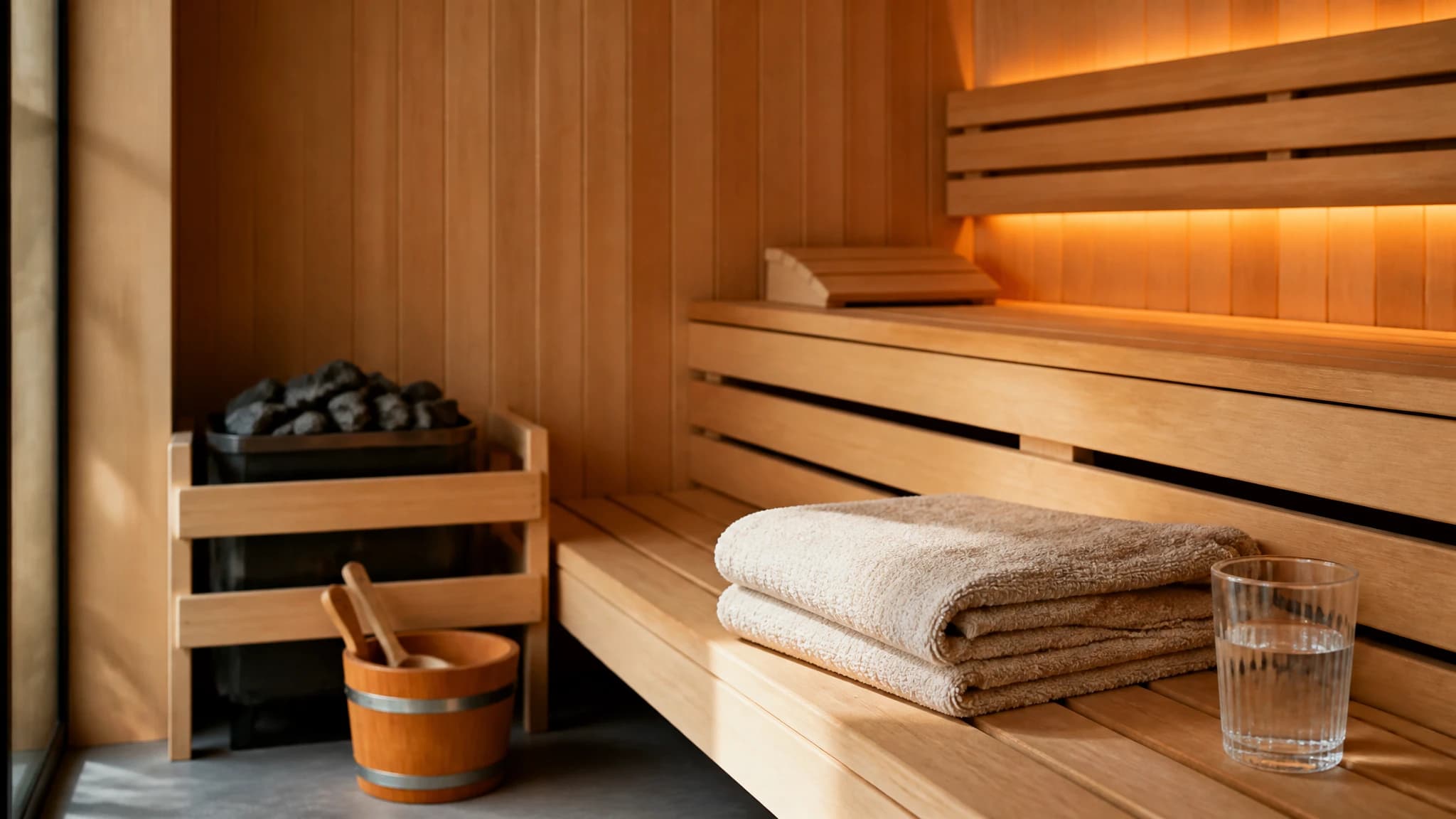 Warm wooden sauna interior with a towel and glass of water prepared for a beginner session