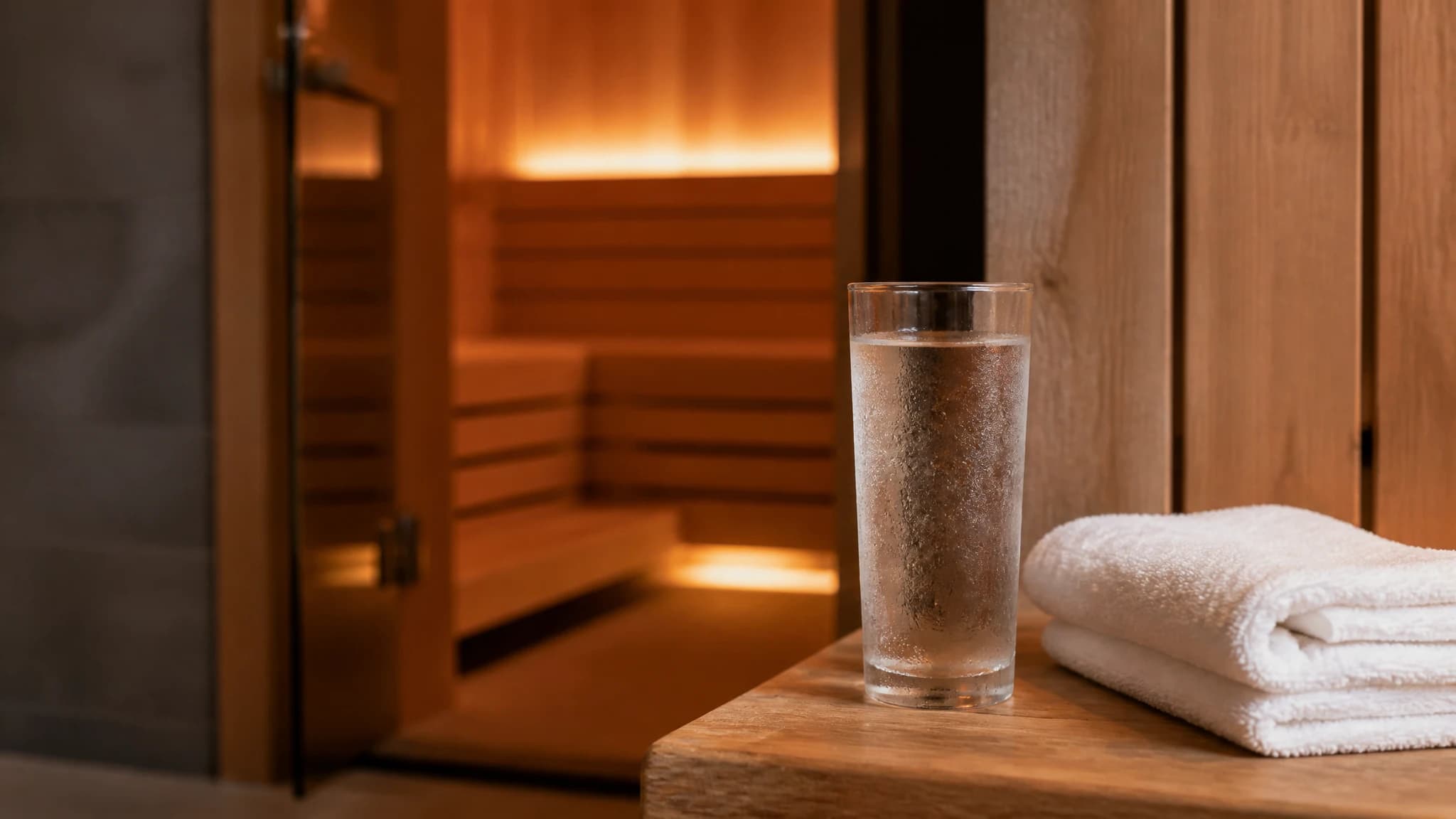 Glass of water and towel outside a sauna