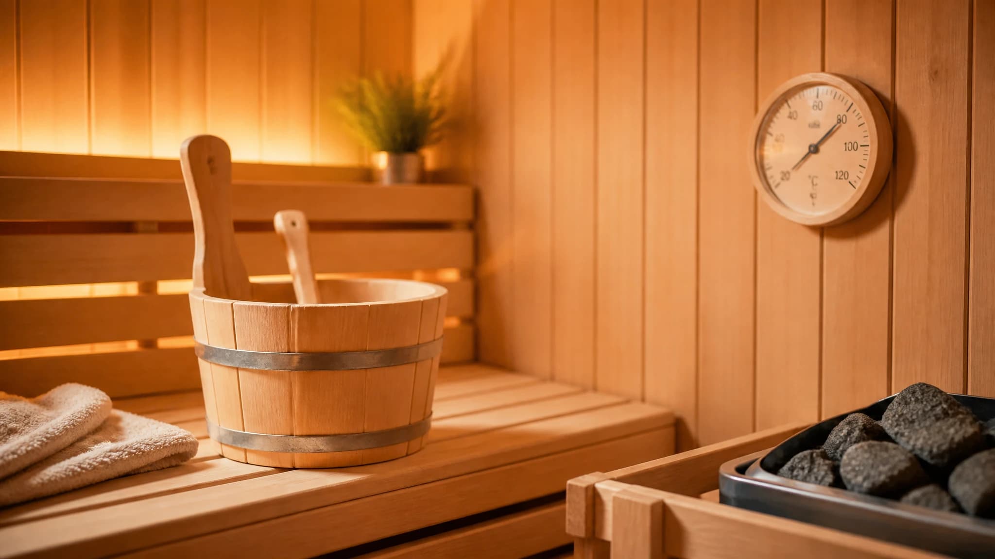 A welcoming traditional wooden sauna interior with a thermometer on the wall