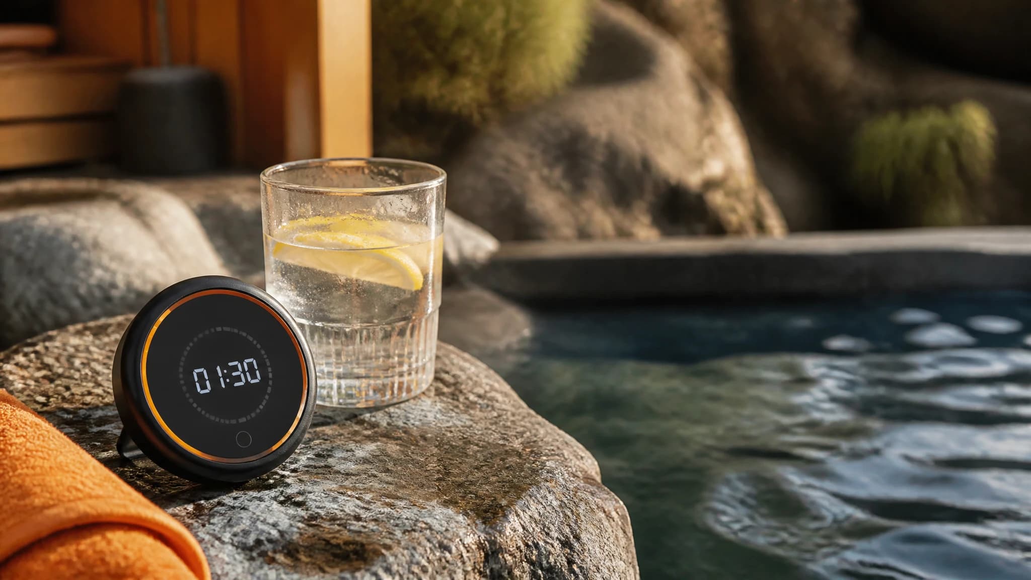 A digital timer and glass of water next to a cold plunge setup.