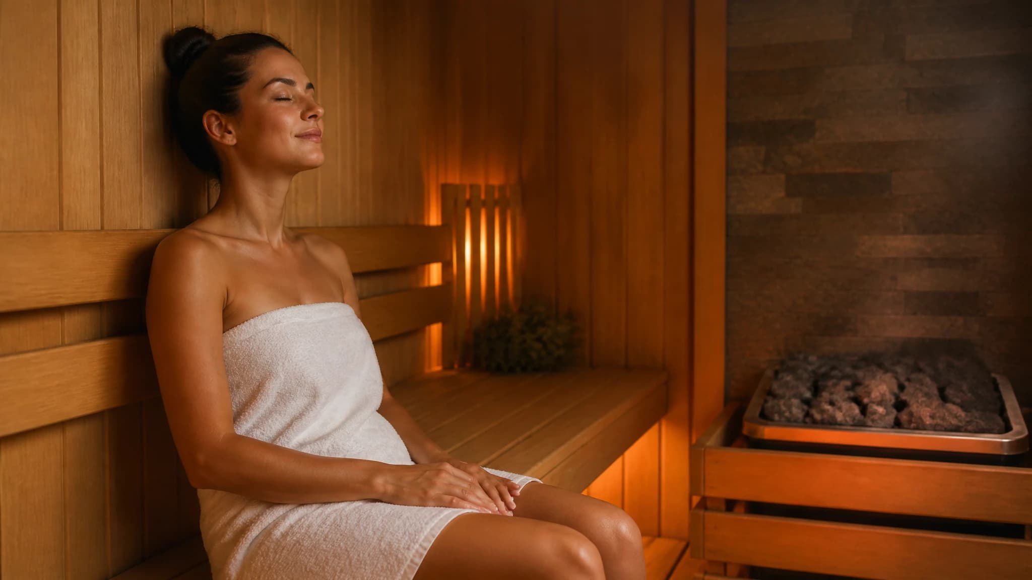 A person relaxing on a wooden sauna bench