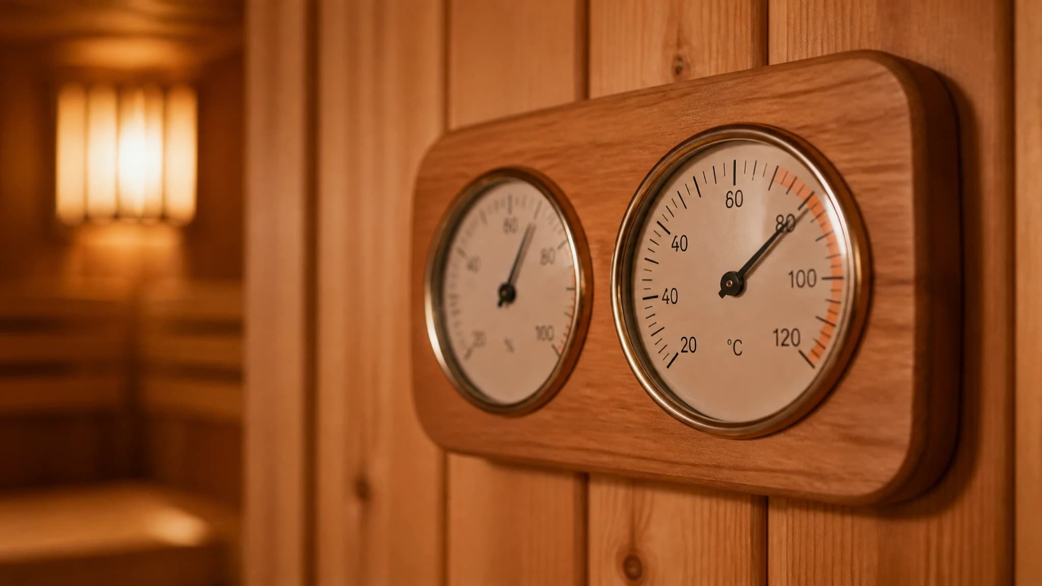 Wooden thermometer inside a sauna