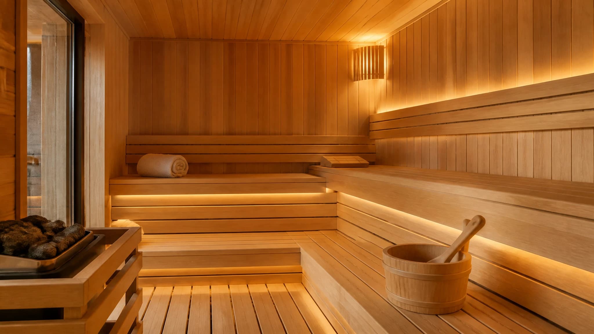 Multiple levels of wooden benches inside a modern sauna