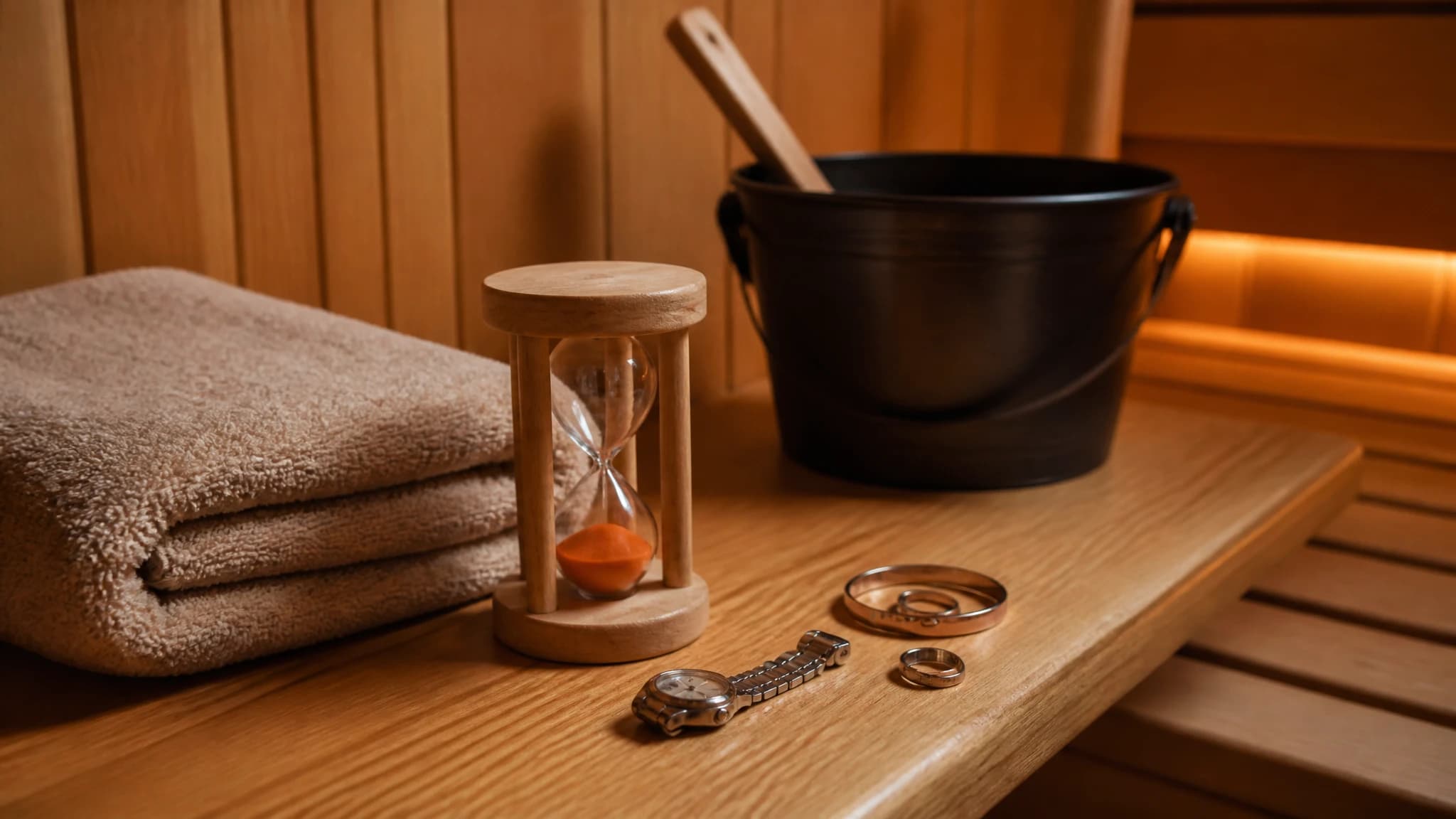 Sauna essentials including a towel, timer, and removed jewelry
