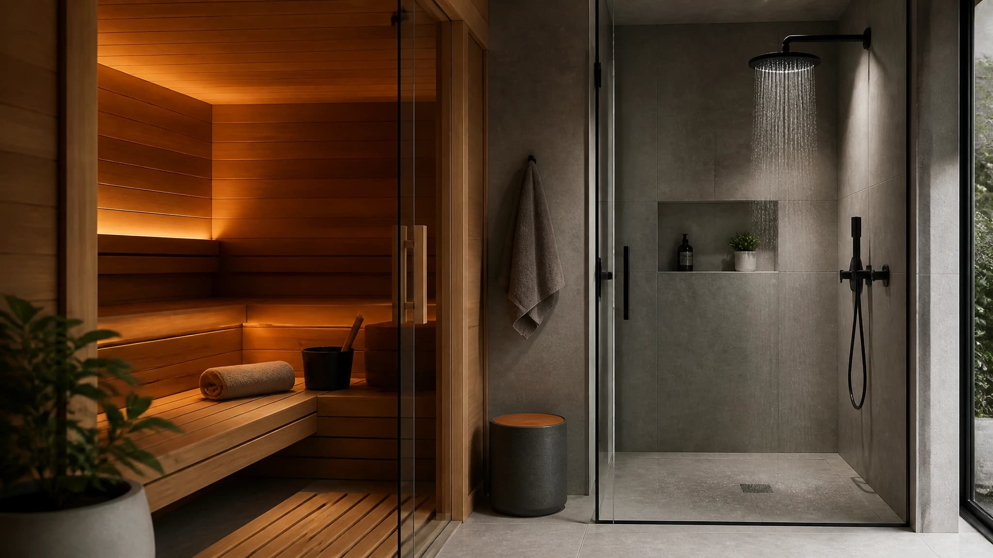A modern sauna next to a glass shower, representing contrast therapy.