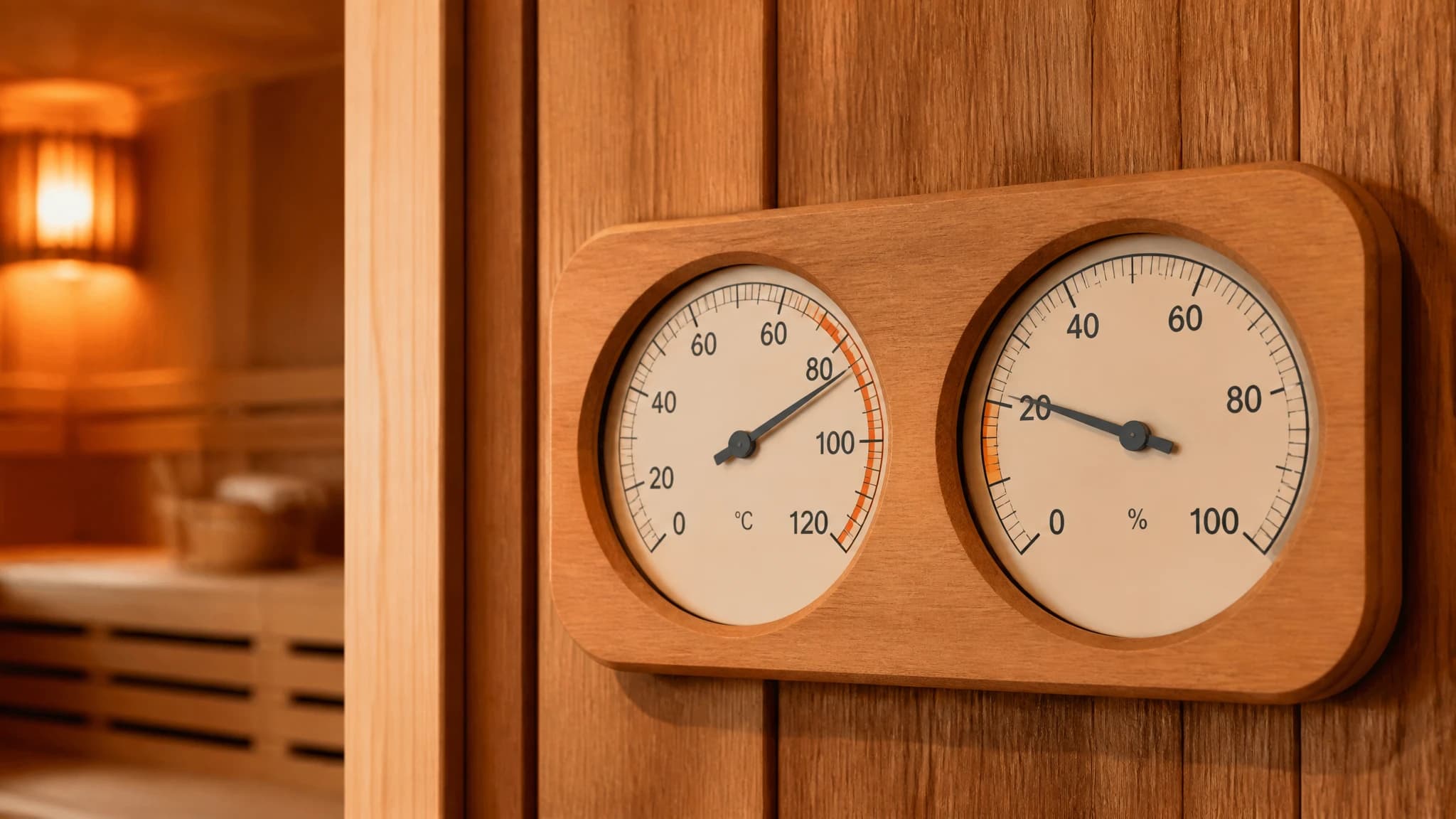 Sauna thermometer and hygrometer showing high heat and low humidity.
